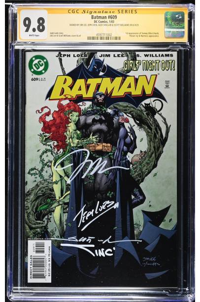 KEY COMIC: BATMAN #609 CGC SS 9.8 FIRST PRINT FIRST APPEARANCE OF HUSH SIGNED BY JIM LEE, JEPH LOEB, ALEX SINCLAIR & SCOTT WILLIAMS ( 4 SIGNATURES )